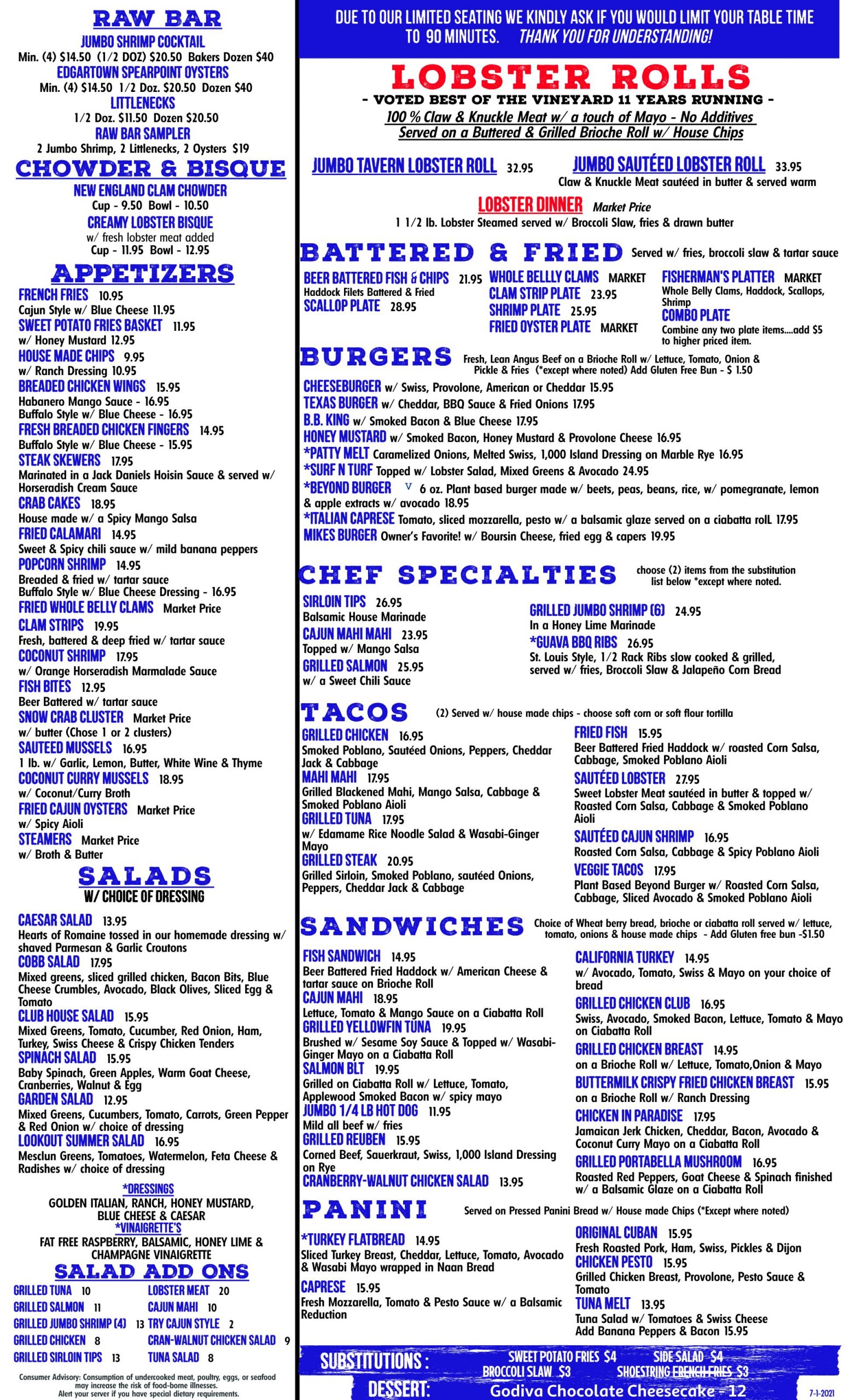 Menus - Waterfront Dining | Lookout Tavern | Martha's Vineyard